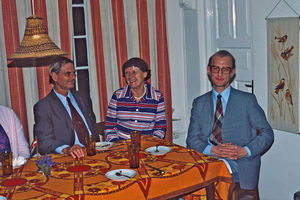 Bishop Thorkild Græsholt in conversation with Dr. Alan Fawdry and mrs. Hazel Fawdry in Bahrain