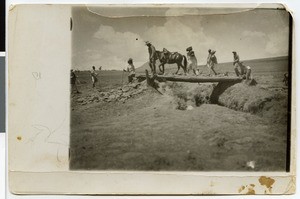 Crossing a creek over a timber bridge, Ethiopia, 1928-1929