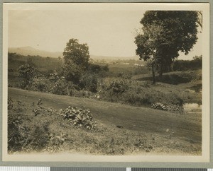 Mission station from above the fall, Chogoria, Kenya, ca.1925