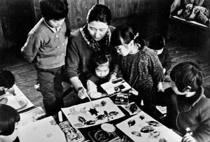 Japanese Sunday School children drawing pictures