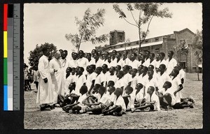 Cardinal with assembled indigenous seminarians, Burkina Faso, ca.1960-1970