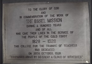 Dedication of the new teacher training college in Akropong 1928. This inscription is also to be found in the College Centenary Booklet p. 39: "Foundation stone of the new College