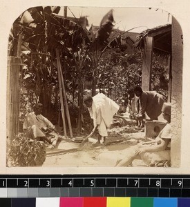 Outdoor portrait of indigenous carpenters at work, Madagascar, ca. 1865-1885