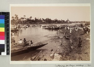 Crowds gathered by river for Chief's wedding celebrations, Fiji, ca. 1890