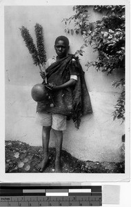 A boy holding dried locusts, Uganda, Africa, 1935