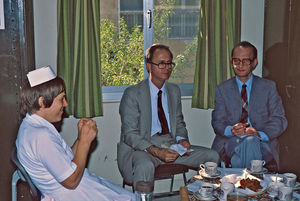 Bishop Thorkild Græsholt, DMS Chairman, in conversation with Medical Superintendant Al Pennings