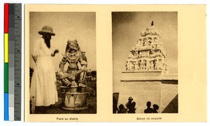 Mission with devil statue and pagoda, India, ca.1920-1940