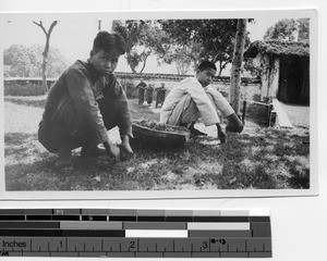 Two boys doing manual labor at Luoding, China, 1937