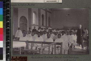 Group of trainee preachers assembled inside church, Ambohimanga, Madagascar, ca. 1890