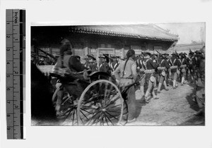 U.S. soldiers marching along street, Beijing, China, 1911