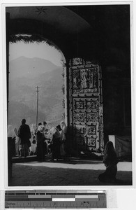 View of the mountains through the church door, Ahuacatlan, Puebla, Mexico, ca. 1946