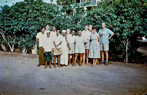 Missionary staff and local Christians - in photo from right Richard Madsen, Inge og Verner Tran