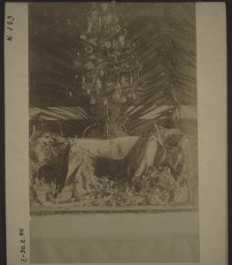 Christmas tree in the Government School, Cameroon. The Bethlehem scene was made by the teacher, Christaller