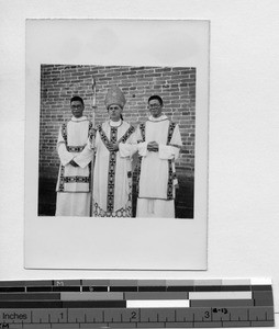 Bishop Donaghy with two new priests, Wuzhou, China, 1939