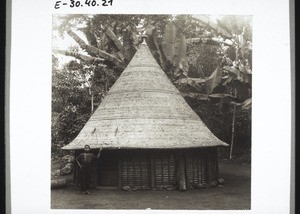 African hut with banana trees in the background