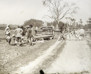 Cart overturned, India, ca. 1930