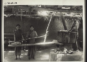 Indian mill for extracting oil from coconuts. Driven by hand