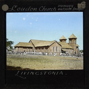 "Loudon Church, showing outside pulpit, Livingstonia", Malawi, ca.1910