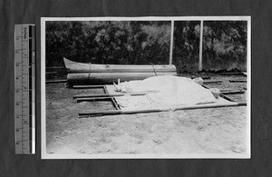 Dummies on stretchers for cholera prevention parade, Fuzhou, Fujian, China, ca.1911-1913