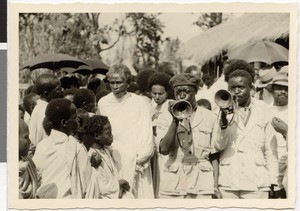 Horn blowers and other people at a wedding, Ayra, Ethiopia, 1952