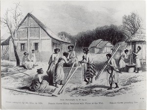 Female slaves filling bamboos with water at the well, in Madagascar