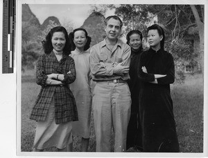 Fr. J.E. Fitzgerald with four women from Wuzhou, China, 1948