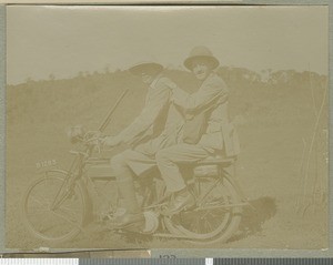 Rev Calderwood and Dr Irvine on a motorbike, Chogoria, Kenya, ca.1924