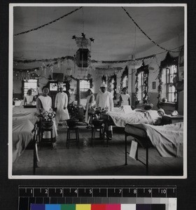 Hospital ward decorated for Christmas, Yunnan, China, ca. 1940