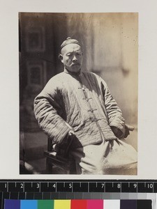 Portrait of frowning Mongolian man, Beijing, China, ca. 1861-1864