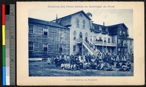 Children gathered before a large orphanage, Canada, ca.1920-1940