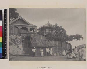 Group gathered outside royal houses, Ambohimanga, Madagascar, ca. 1890