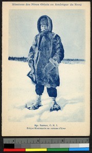 Missionary bishop dressed in fur clothing and showshoes, Canada, ca.1920-1940