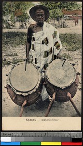 Man playing the drums, Kpandu, Togo, ca. 1920-1940