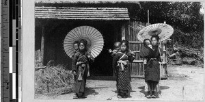 Three girls carrying babies, Tokyo, Japan, ca. 1920-1940