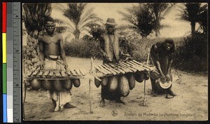 Playing xylophones and drum, Madimba, Congo, ca.1920-1940