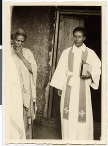 Pastor Tassisa Dureessaa after the installation service in front of the church in Ayra, Ayra, Ethiopia, 1952