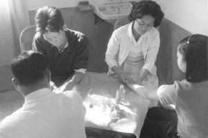 Taiwan, Changhua Leprosy Clinic. Massage given ahead and after operation is keeping the fingers