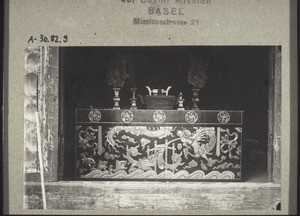 Altar table in the town temple in Kaying