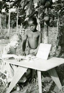 Annie Gambier and a girl, in the leper-house of Ebeigne, Gabon