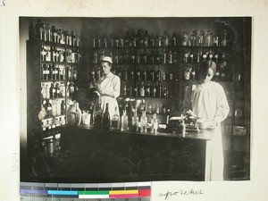 Ragnhild Soerensen and a Malagasy nurse working at the pharmacy, Antsirabe, Madagascar, ca.1918