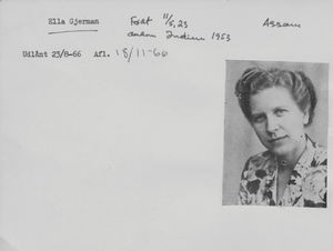 Nurse/midwife, Ella Gjerman, born 05.11.1923. Sent by Danish Santal Mission to NELC, Assam, Nor
