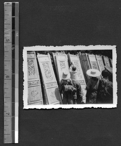 Carved wooden panels for sale, Yunnan, China, 1927