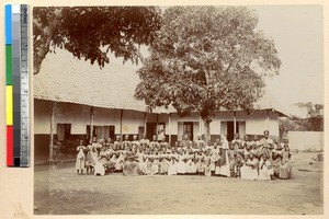 Teacher and class at girls' school, Aburi, Ghana, ca.1885-1895