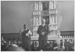 Church Service in Norway on Whit Sunday, 20th May 1956. Rev. Naran Soren and Mrs. Raude Soren f