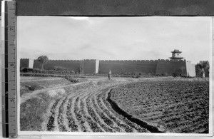 City wall from a distance at Wen Shui, Shanxi, China, 1924