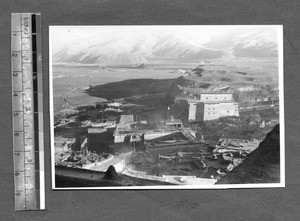 View of town in a valley, Tibet, China, ca.1941