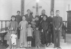 Kirstine Wemmelund and three families after their baptism in Port Arthur church. Mr and Mrs Yü