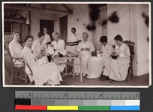 Missionaries knitting at a Red Cross meeting, Shantou, Guangdong, China, 1918