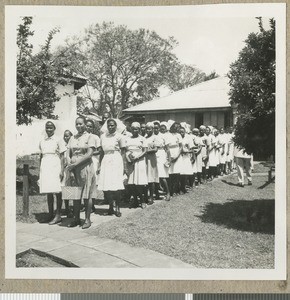 Hospital staff gathering for church, Chogoria, Kenya, ca.1960