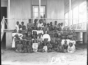 Group of African children in front of the mission house, Catembe, Mozambique, ca. 1896-1911